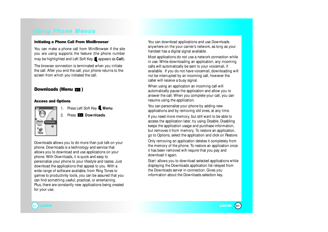 LG Electronics 5550 manual Downloads Menu, Initiating a Phone Call From MiniBrowser, Press Downloads 