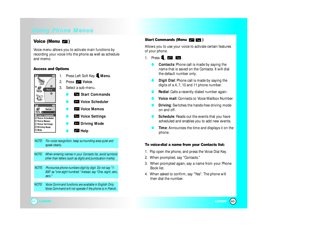 LG Electronics 5550 manual Voice Menu, To voice-dial a name from your Contacts list 