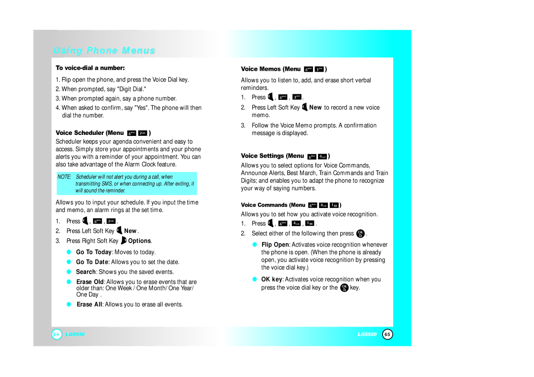 LG Electronics 5550 manual To voice-dial a number, Voice Scheduler Menu, Voice Memos Menu, Voice Settings Menu 