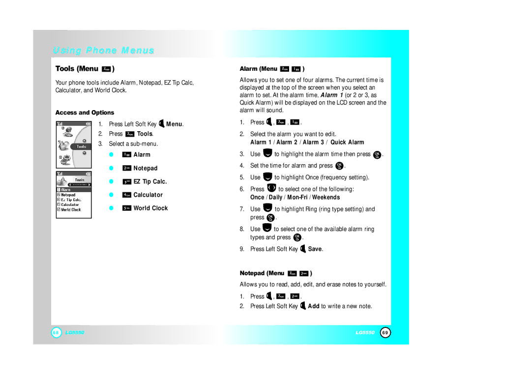 LG Electronics 5550 manual Tools Menu, Alarm EZ Tip Calc Calculator World Clock Alarm Menu 