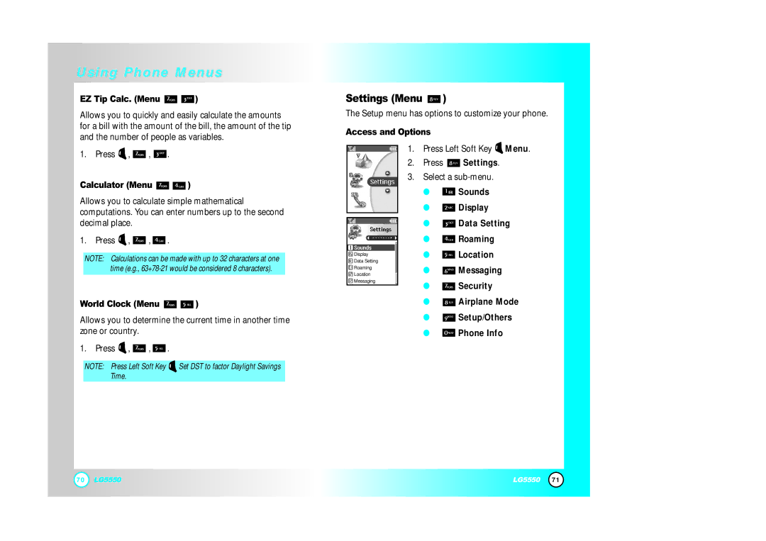 LG Electronics 5550 manual Settings Menu, EZ Tip Calc. Menu, Calculator Menu, World Clock Menu, Press Settings 