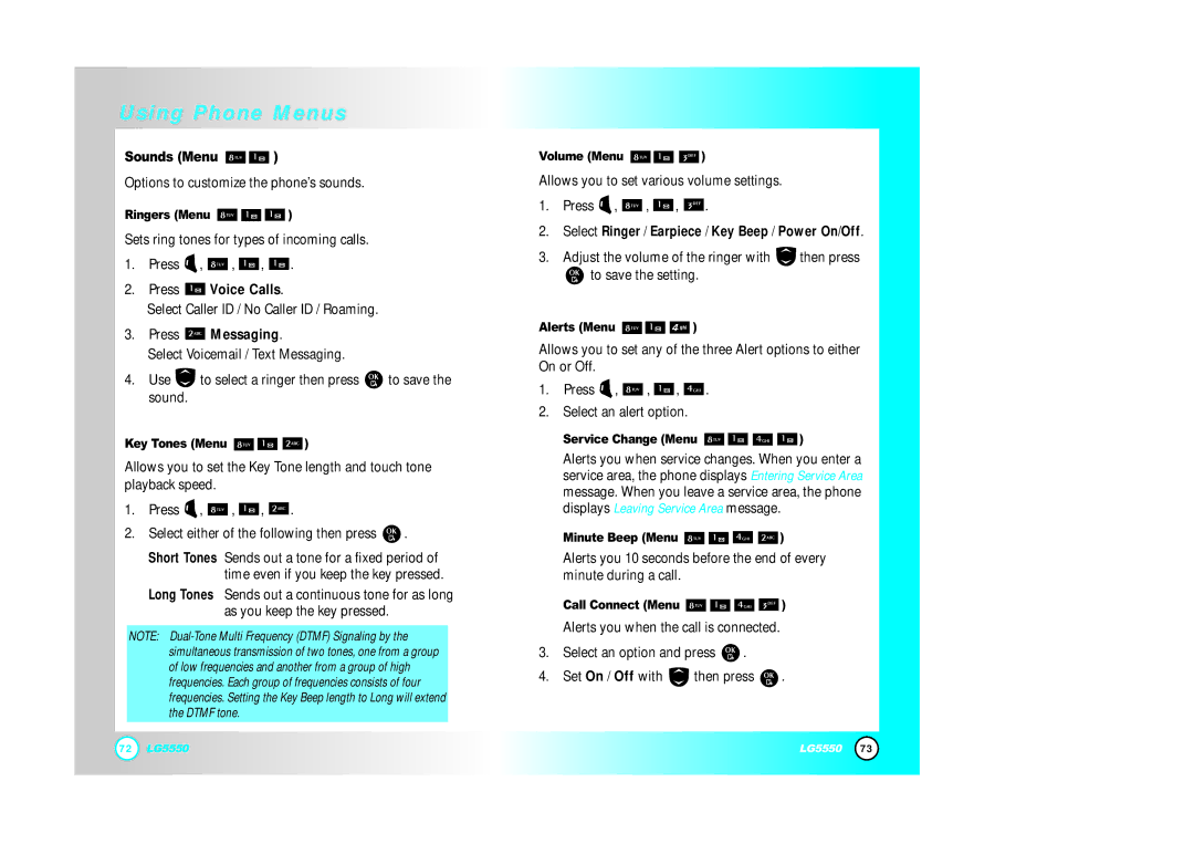 LG Electronics 5550 manual Sounds Menu, Press Voice Calls, Press Messaging 