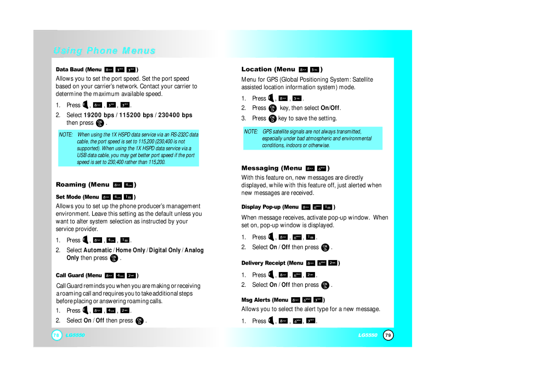 LG Electronics 5550 manual Roaming Menu, Location Menu, Messaging Menu, Select 19200 bps / 115200 bps / 230400 bps 
