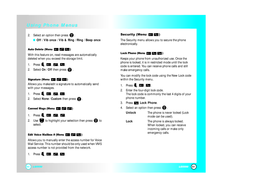 LG Electronics 5550 manual Security Menu, Off / Vib once / Vib & Ring / Ring / Beep once, Press Lock Phone, Unlock 