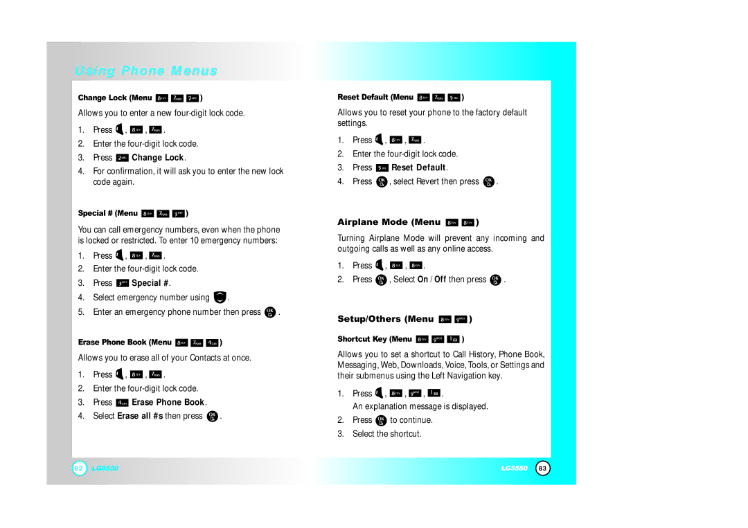 LG Electronics 5550 manual Airplane Mode Menu, Setup/Others Menu 