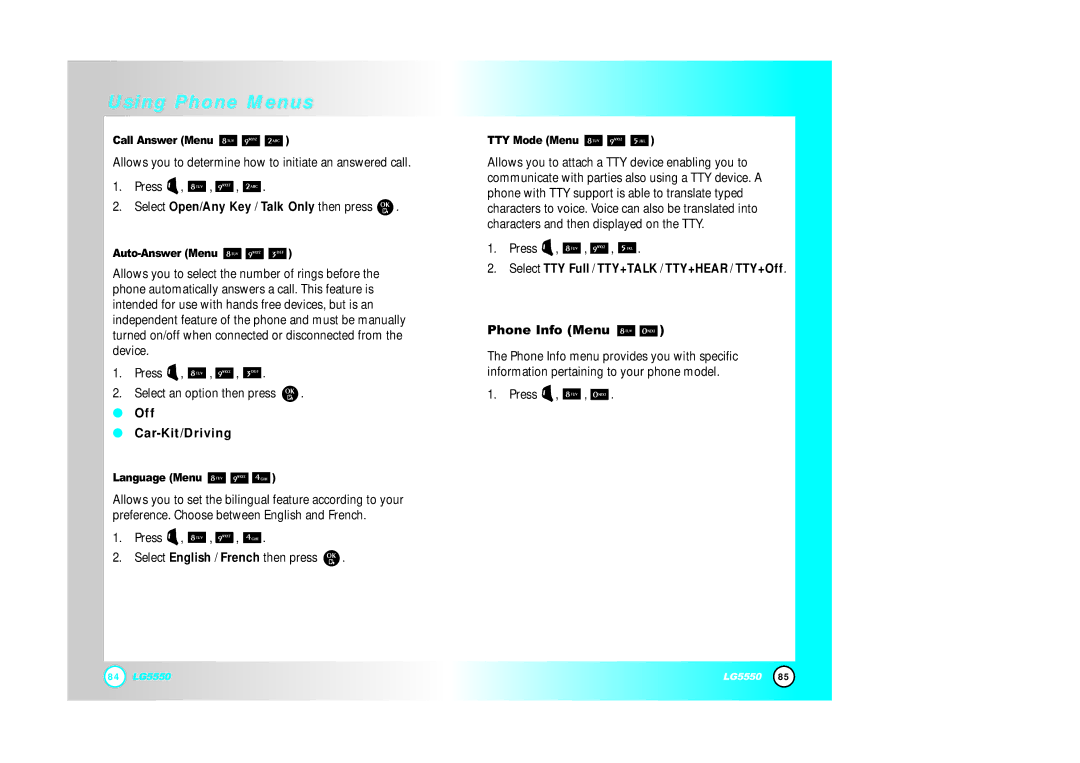 LG Electronics 5550 manual Off Car-Kit/Driving, Phone Info Menu, Select Open/Any Key / Talk Only then press 