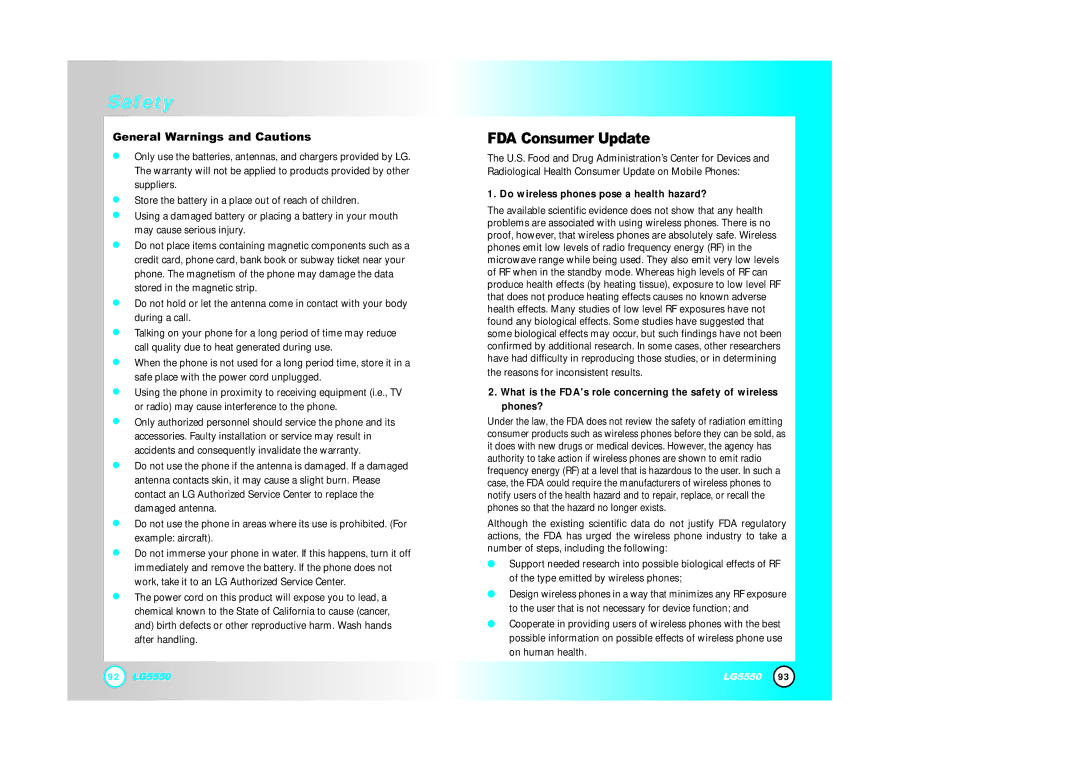 LG Electronics 5550 manual FDA Consumer Update, General Warnings and Cautions 