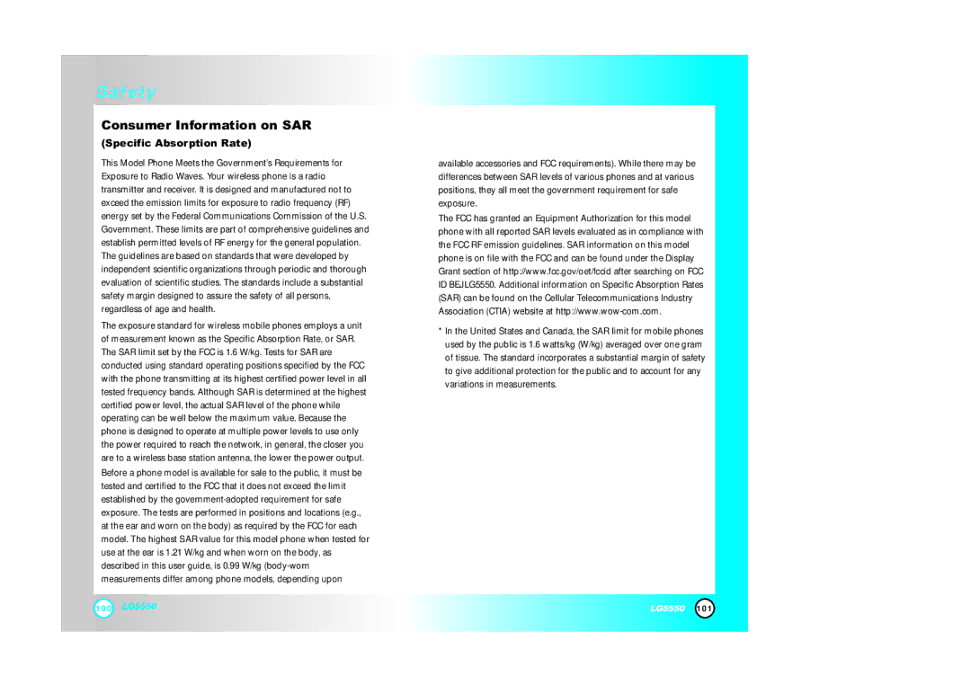 LG Electronics 5550 manual Consumer Information on SAR, Specific Absorption Rate 