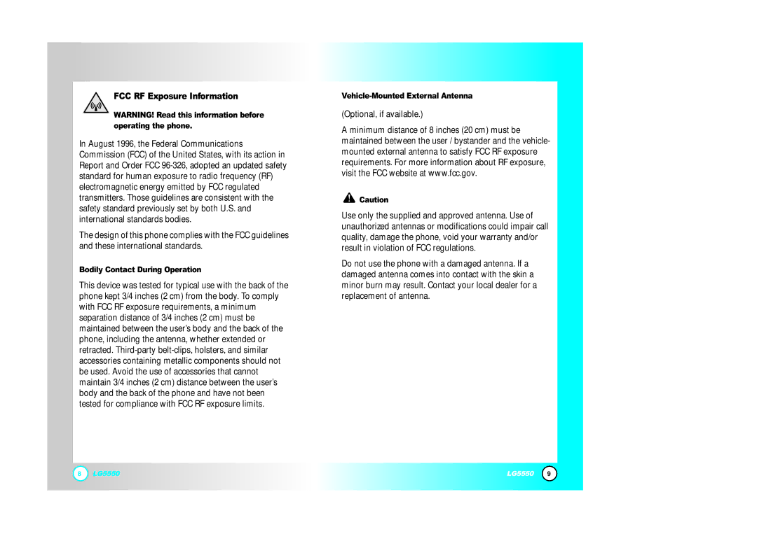 LG Electronics 5550 manual FCC RF Exposure Information, Bodily Contact During Operation, Vehicle-Mounted External Antenna 