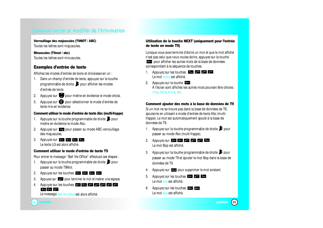 LG Electronics 5550 manual Exemples dentrée de texte, Comment utiliser le mode dentrée de texte T9 