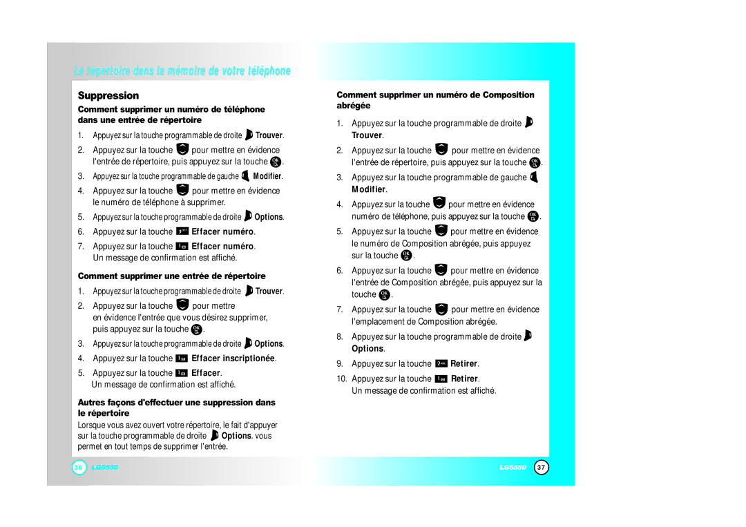 LG Electronics 5550 manual Suppression, Comment supprimer une entrée de répertoire 