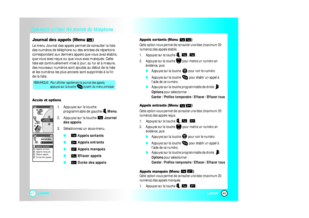 LG Electronics 5550 manual Journal des appels Menu 