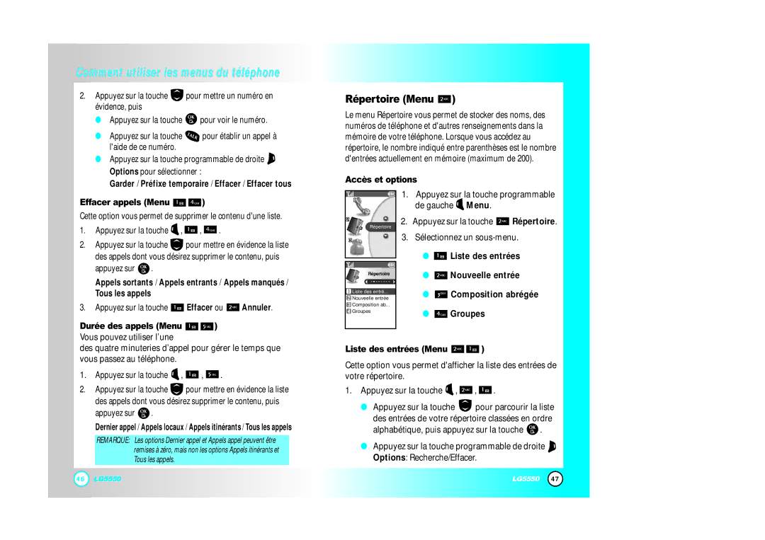 LG Electronics 5550 Répertoire Menu, Accès et options Effacer appels Menu, Durée des appels Menu, Liste des entrées Menu 
