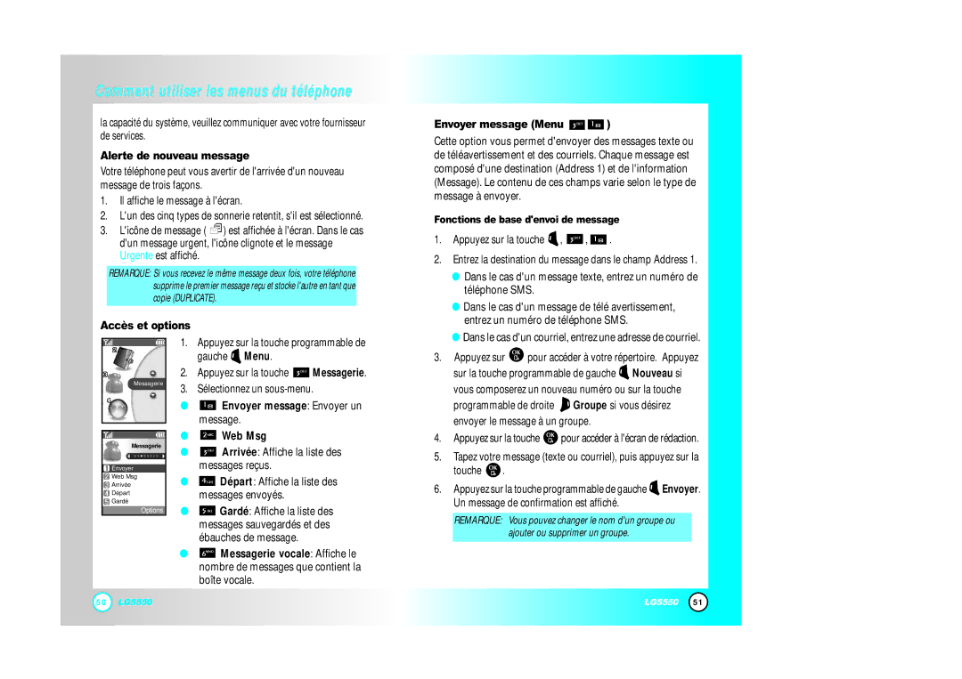LG Electronics 5550 Alerte de nouveau message, Accès et options Envoyer message Menu, Fonctions de base denvoi de message 