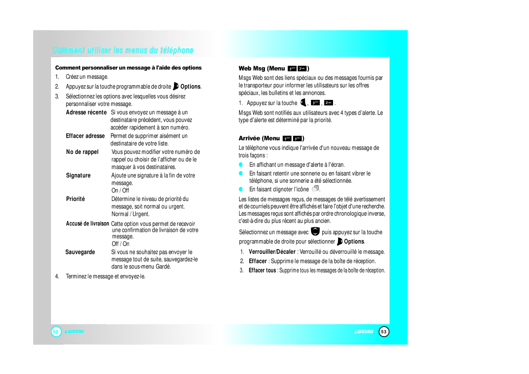 LG Electronics 5550 Arrivée Menu, Comment personnaliser un message à laide des options, No de rappel, Signature, Priorité 