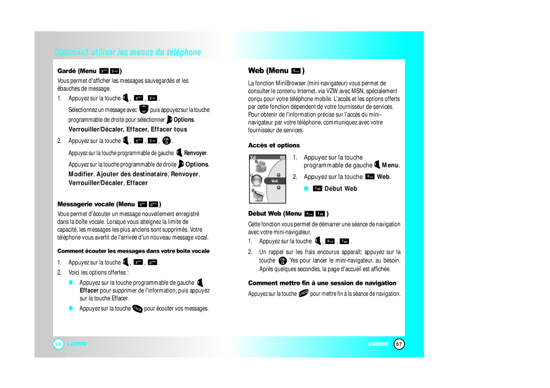 LG Electronics 5550 manual Gardé Menu, Verrouiller/Décaler, Effacer, Effacer tous, Début Web Menu 