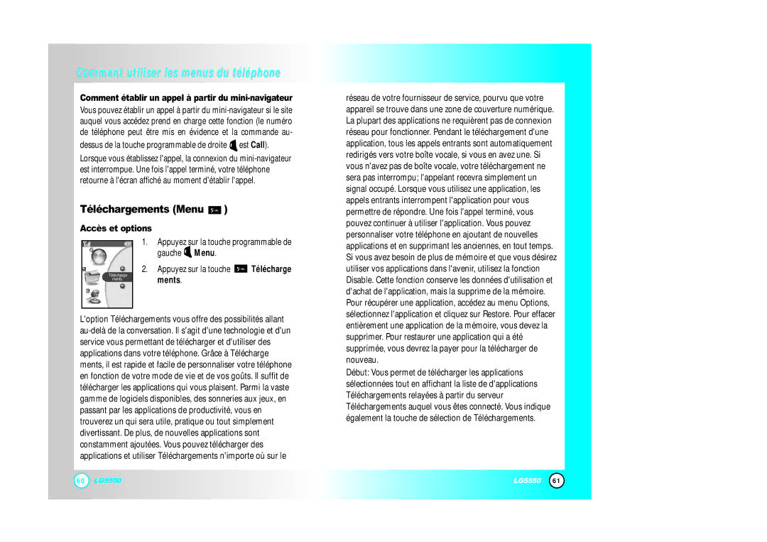 LG Electronics 5550 manual Téléchargements Menu, Comment établir un appel à partir du mini-navigateur, Ments 