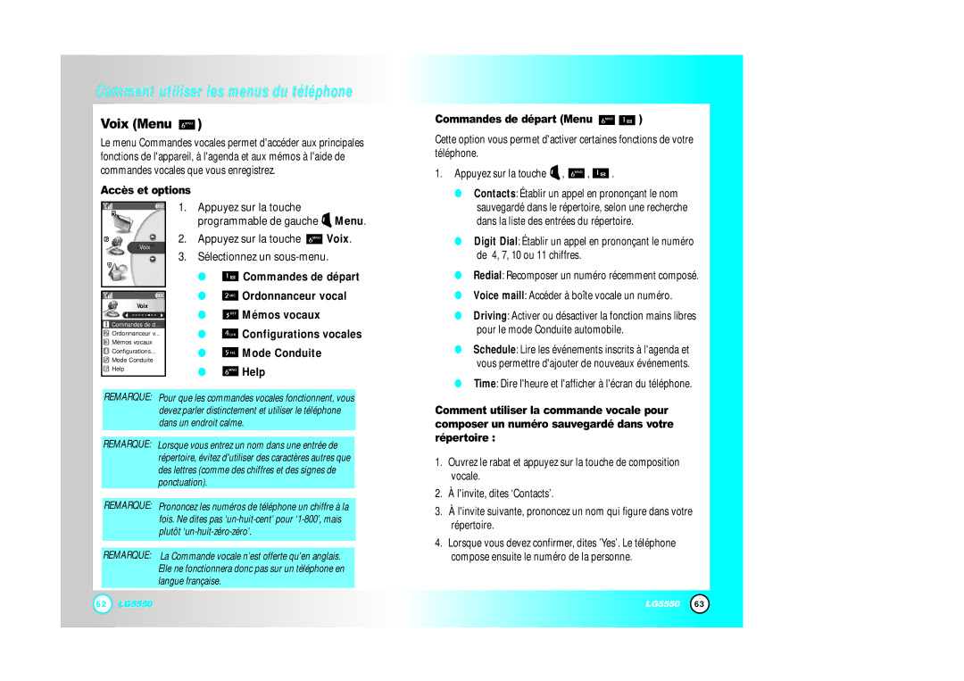 LG Electronics 5550 manual Voix Menu 