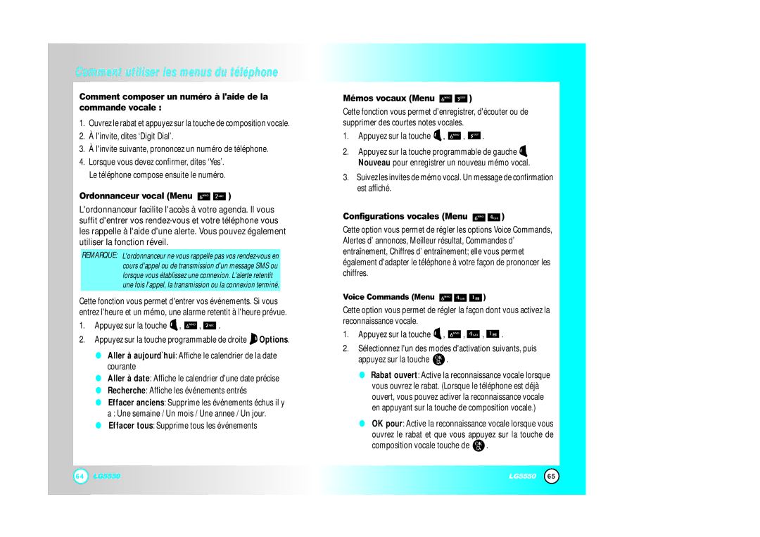 LG Electronics 5550 Comment composer un numéro à laide de la commande vocale, Ordonnanceur vocal Menu, Mémos vocaux Menu 