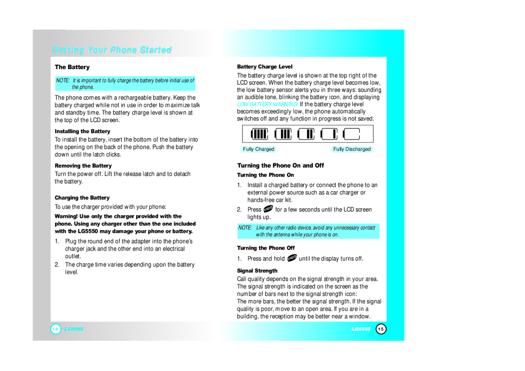 LG Electronics 5550 manual Battery, Turning the Phone On and Off 