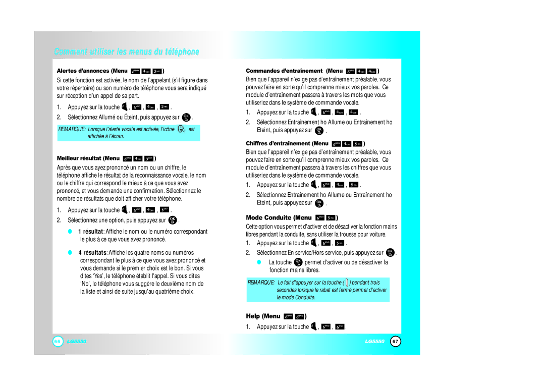 LG Electronics 5550 Mode Conduite Menu, Alertes d’annonces Menu, Meilleur résultat Menu, Commandes d’entraînement Menu 