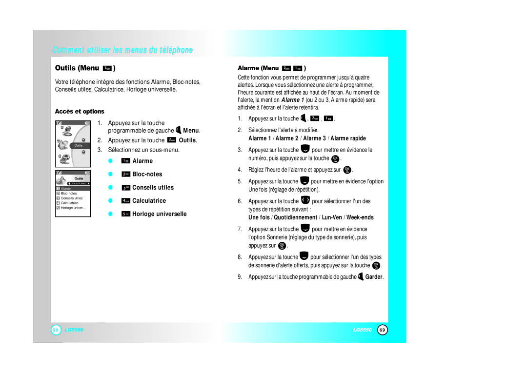 LG Electronics 5550 manual Outils Menu, Alarme Bloc-notes, Conseils utiles, Calculatrice, Horloge universelle Alarme Menu 