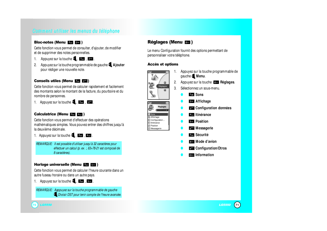 LG Electronics 5550 manual Réglages Menu, Bloc-notes Menu, Accès et options Conseils utiles Menu, Calculatrice Menu 