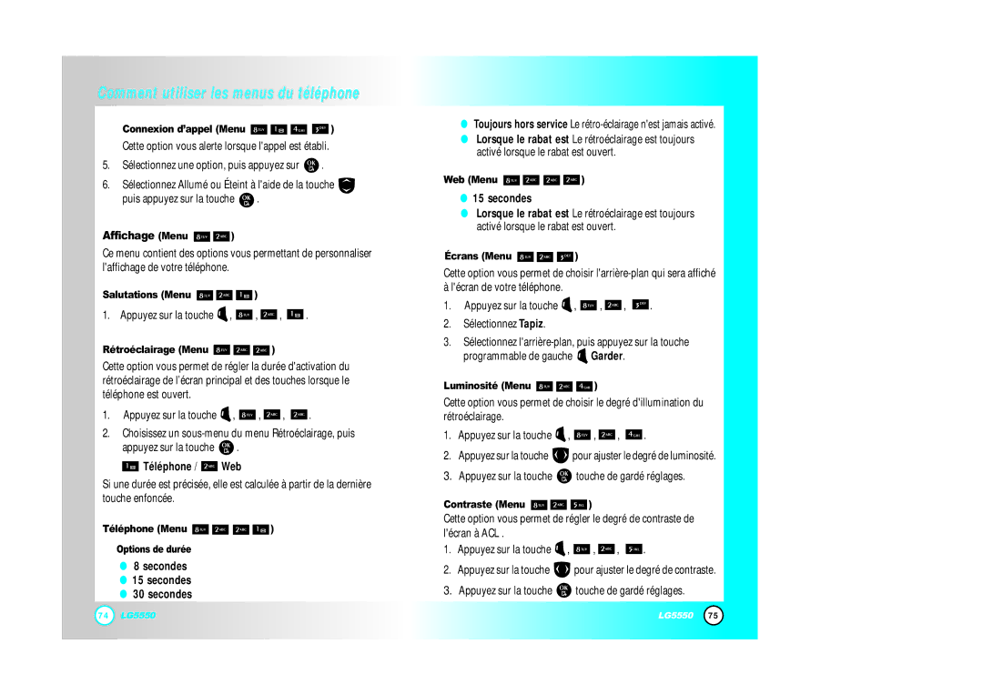 LG Electronics 5550 manual Affichage Menu 