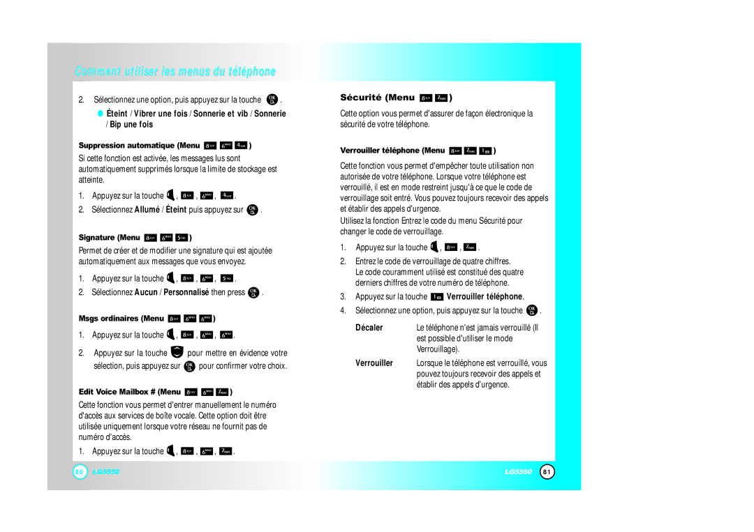 LG Electronics 5550 manual Sécurité Menu, Msgs ordinaires Menu, Verrouiller téléphone Menu, Décaler 