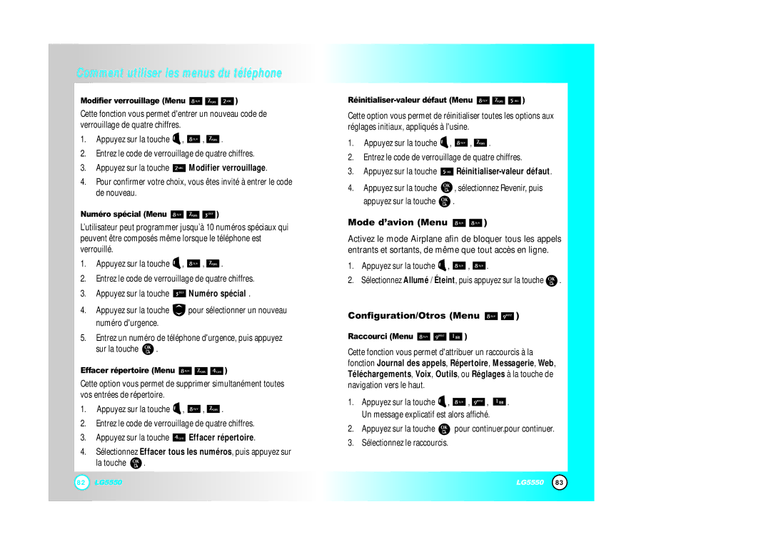 LG Electronics 5550 manual Mode d’avion Menu, Configuration/Otros Menu 