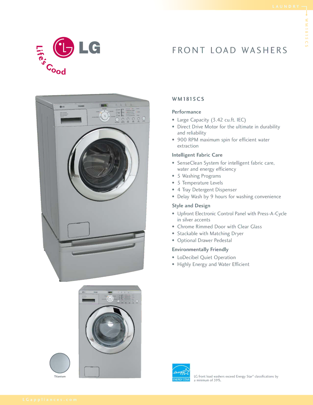 LG Electronics 556 manual 1815 C S, Performance, Intelligent Fabric Care, Style and Design, Environmentally Friendly 