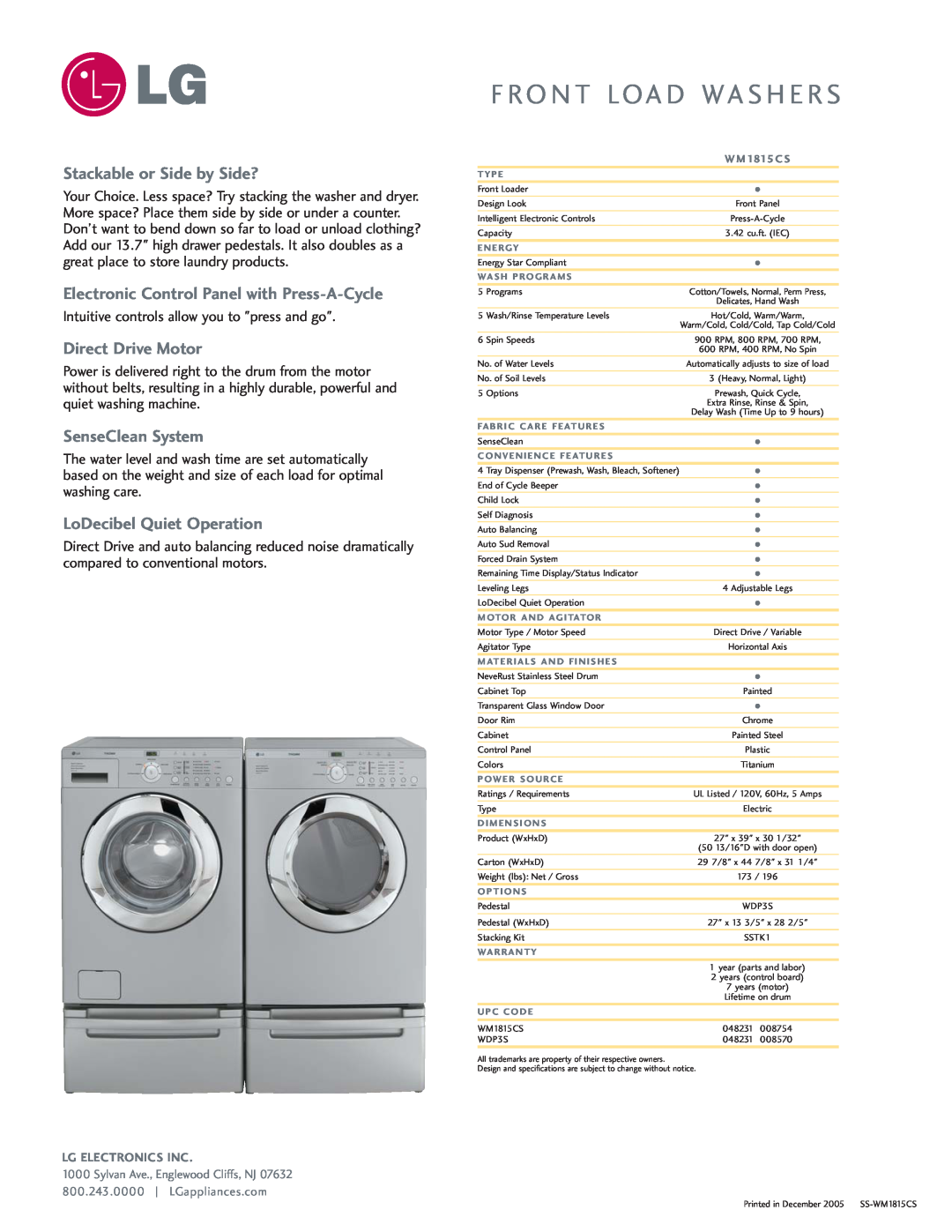LG Electronics 556 manual Stackable or Side by Side?, Electronic Control Panel with Press-A-Cycle, Direct Drive Motor 