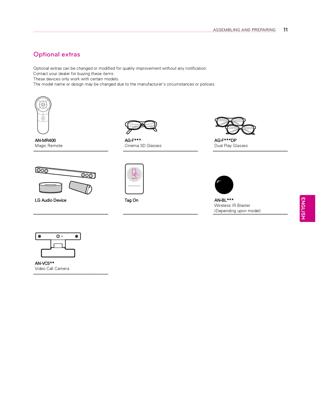 LG Electronics 55EA8800 owner manual Optional extras, AN-MR400 AG-F 