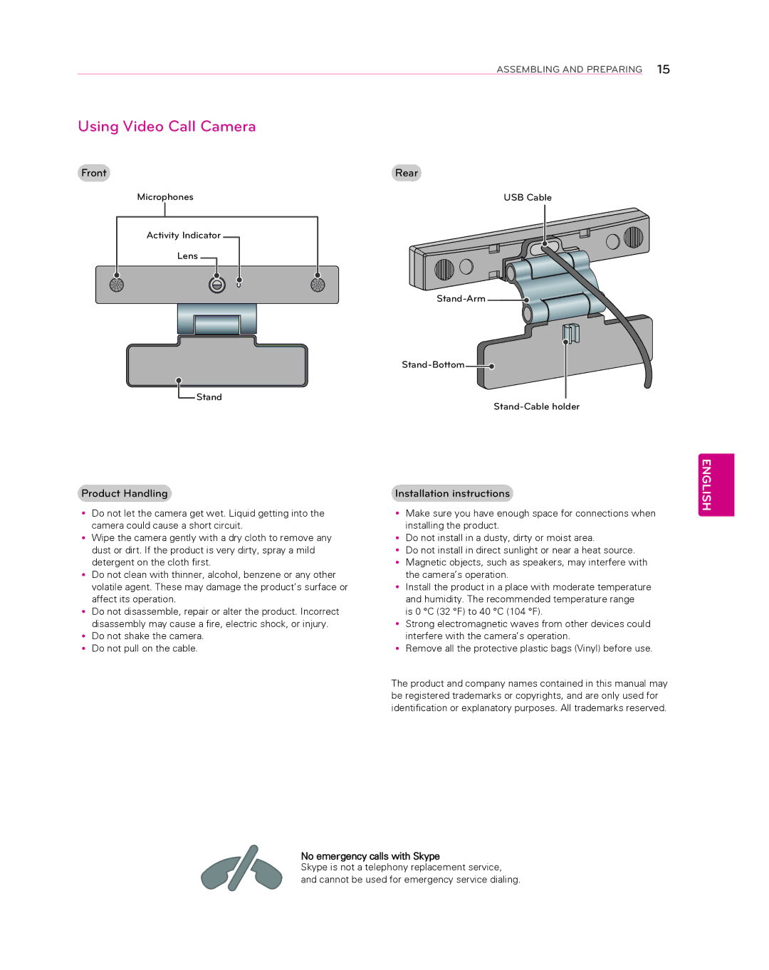 LG Electronics 55EA8800 owner manual Using Video Call Camera, Product Handling, Installation instructions 