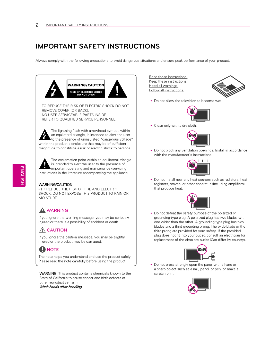 LG Electronics 55EA8800 owner manual Important Safety Instructions, English 