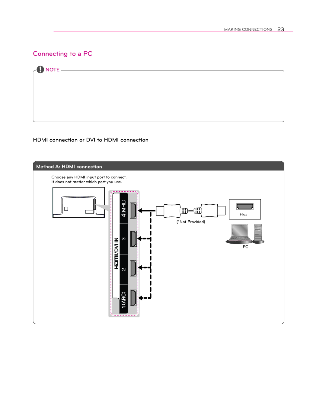 LG Electronics 55EA8800 owner manual Connecting to a PC, Hdmi connection or DVI to Hdmi connection 