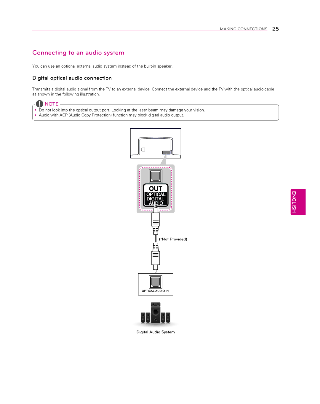 LG Electronics 55EA8800 owner manual Connecting to an audio system, Digital optical audio connection 