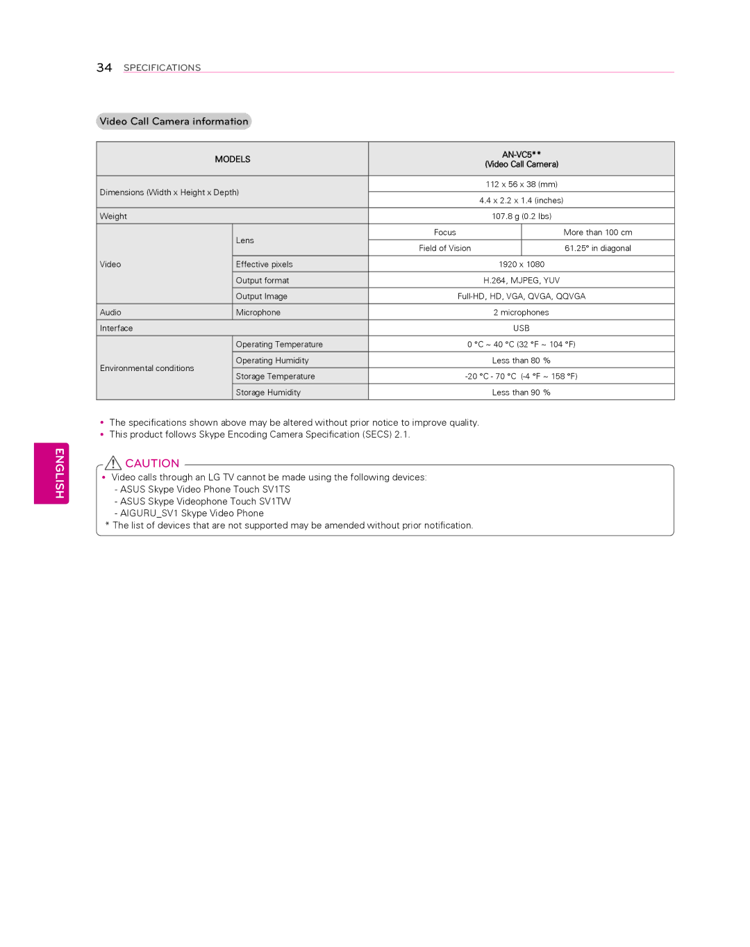 LG Electronics 55EA8800 owner manual Video Call Camera information, AN-VC5 