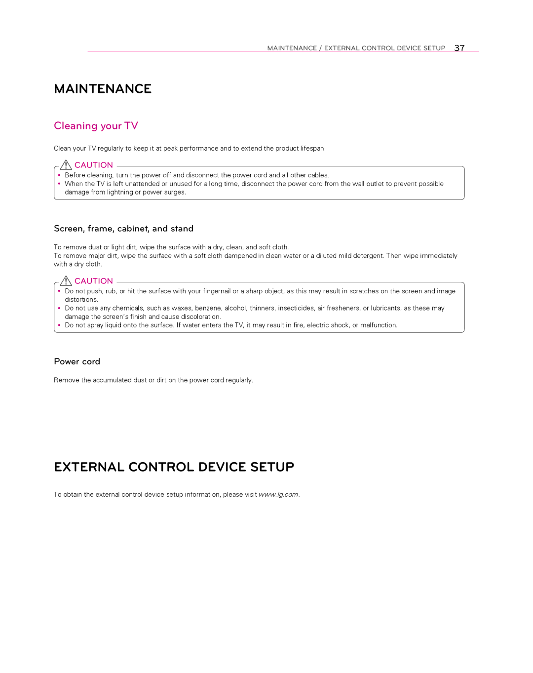 LG Electronics 55EA8800 owner manual Maintenance, Cleaning your TV, Screen, frame, cabinet, and stand, Power cord 