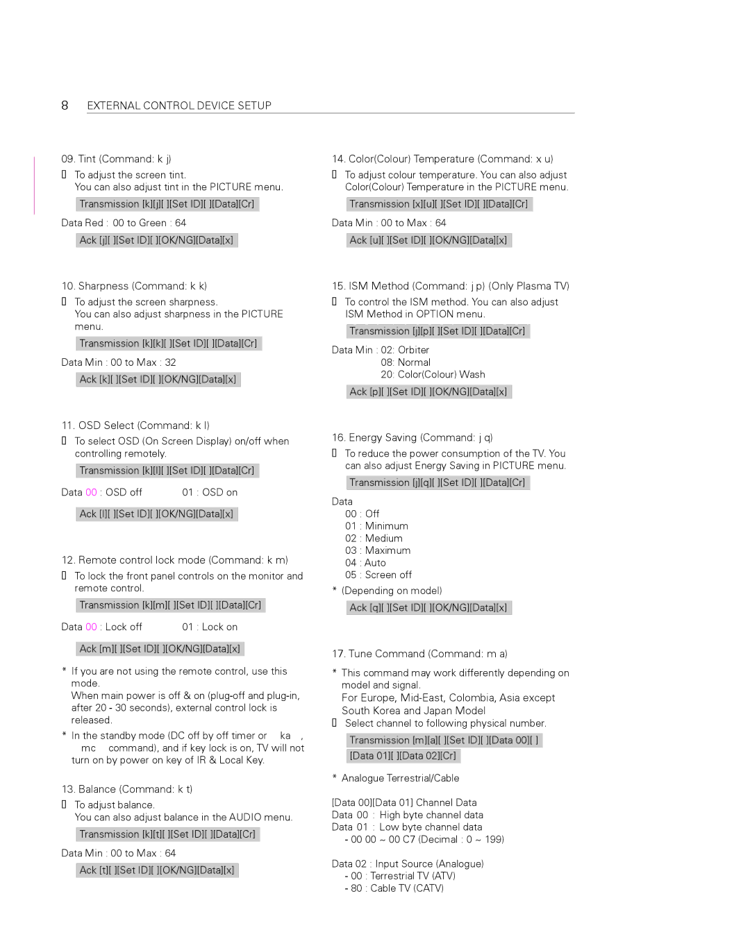 LG Electronics 55EA8800 Tint Command k j, ColorColour Temperature Command x u, Sharpness Command k k, Balance Command k t 