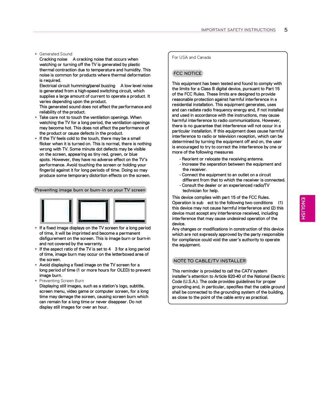 LG Electronics 55EA8800 owner manual YyGenerated Sound For USA and Canada, YyPreventing Screen Burn 