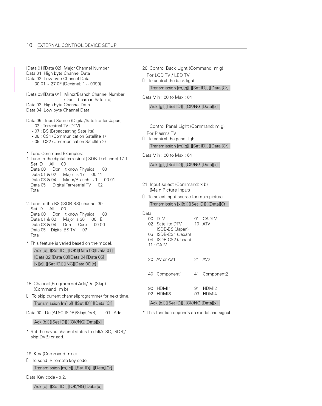 LG Electronics 55EA8800 owner manual ChannelProgramme Add/DelSkip Command m b, Control Back Light Command m g 