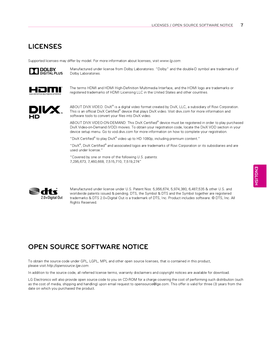 LG Electronics 55EA8800 owner manual Licenses, Open Source Software Notice 