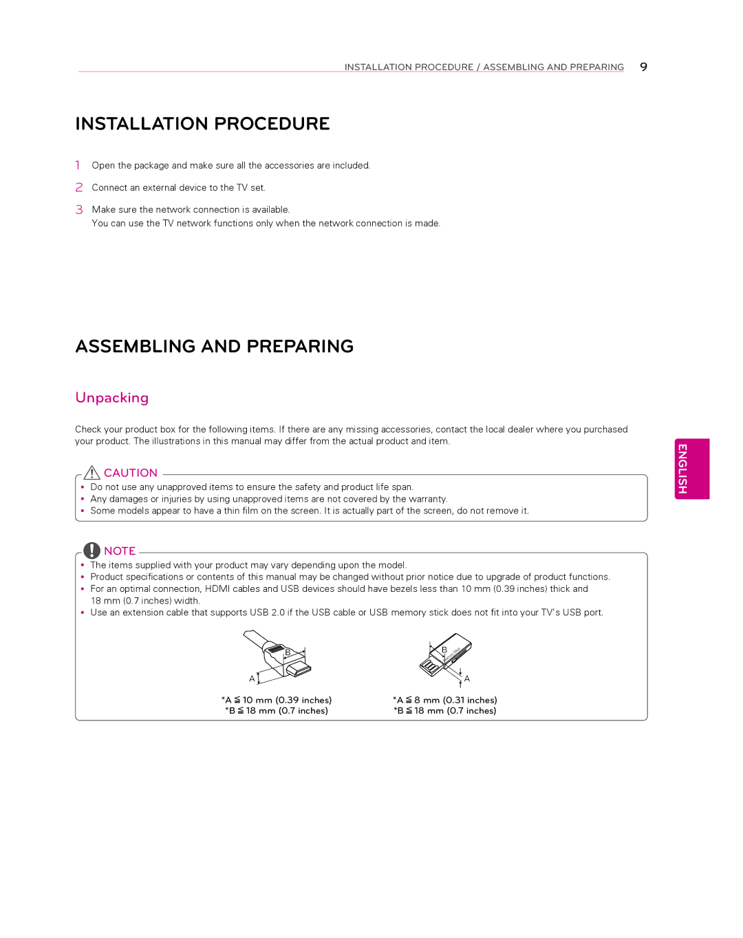 LG Electronics 55EA8800 owner manual Assembling and Preparing, Unpacking 