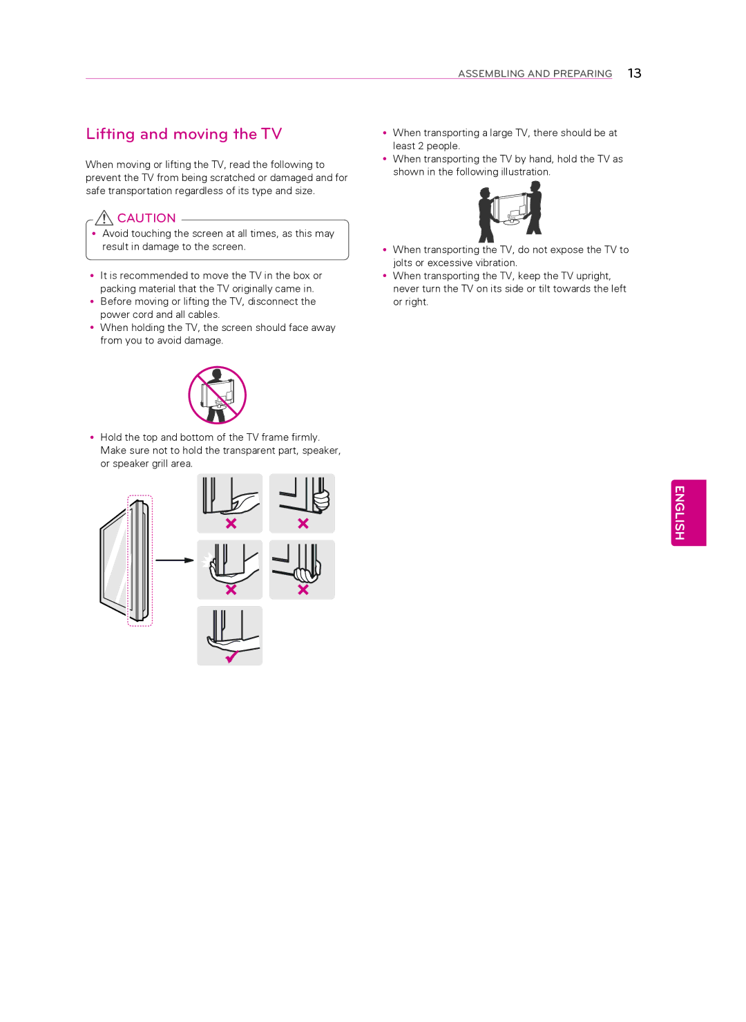 LG Electronics 60LA8600, 55LA8600 owner manual Lifting and moving the TV 