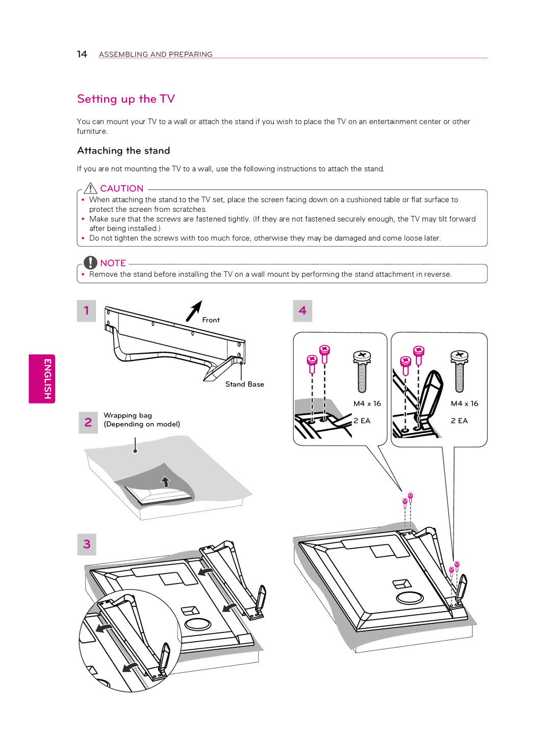 LG Electronics 55LA8600, 60LA8600 owner manual Setting up the TV, Attaching the stand 