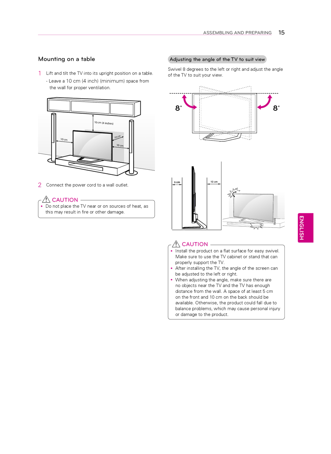 LG Electronics 60LA8600, 55LA8600 owner manual Mounting on a table, Leave a 10 cm 4 inch minimum space from 