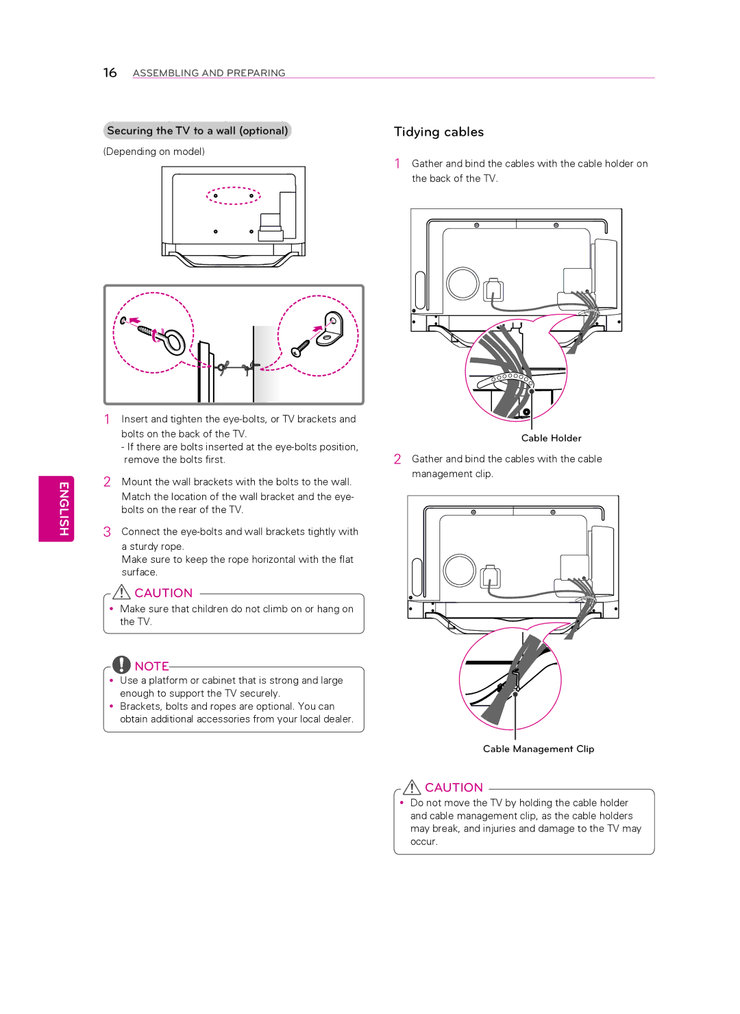 LG Electronics 55LA8600, 60LA8600 owner manual Tidying cables, Securing the TV to a wall optional 