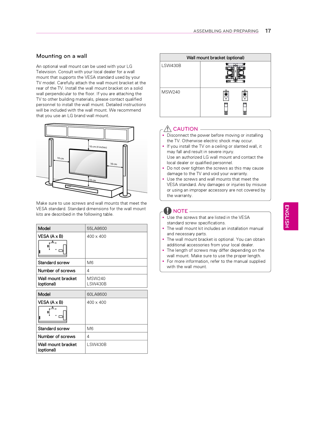 LG Electronics 60LA8600, 55LA8600 owner manual Mounting on a wall, Model, Wall mount bracket optional 