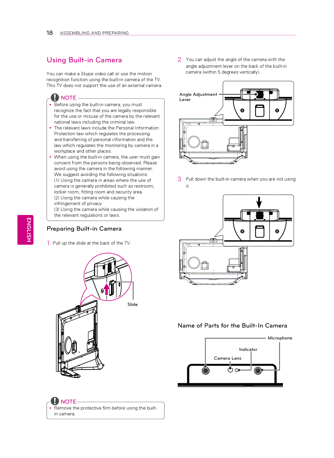 LG Electronics 55LA8600, 60LA8600 Using Built-in Camera, Preparing Built-in Camera, Name of Parts for the Built-In Camera 